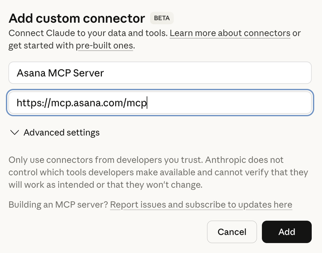 screenshot of adding custom connections to claude desktop with Asana MCP server pasted in