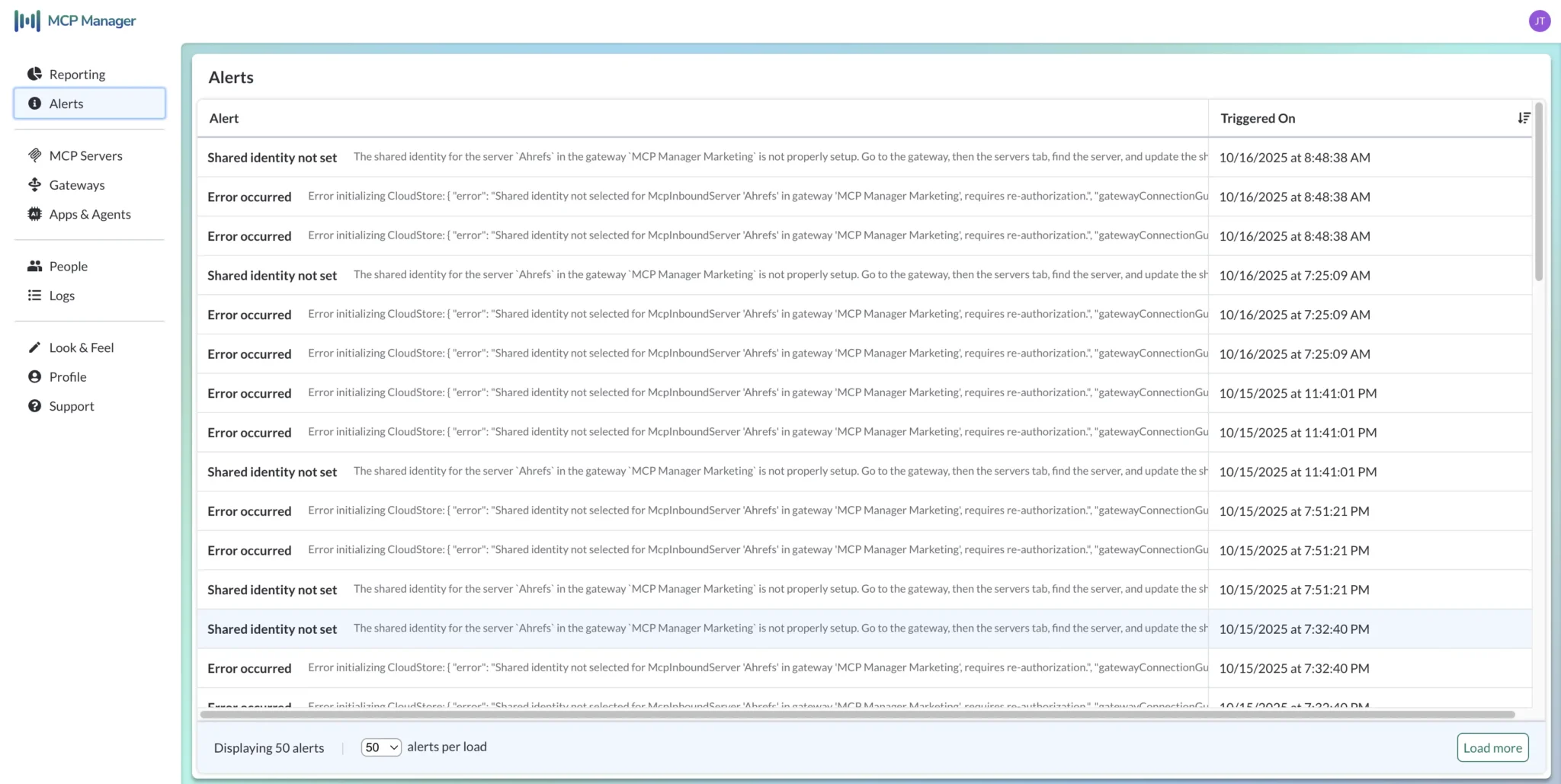 MCP alerts within the MCP alerts panel in MCP Manager, part of its MCP observability suite.