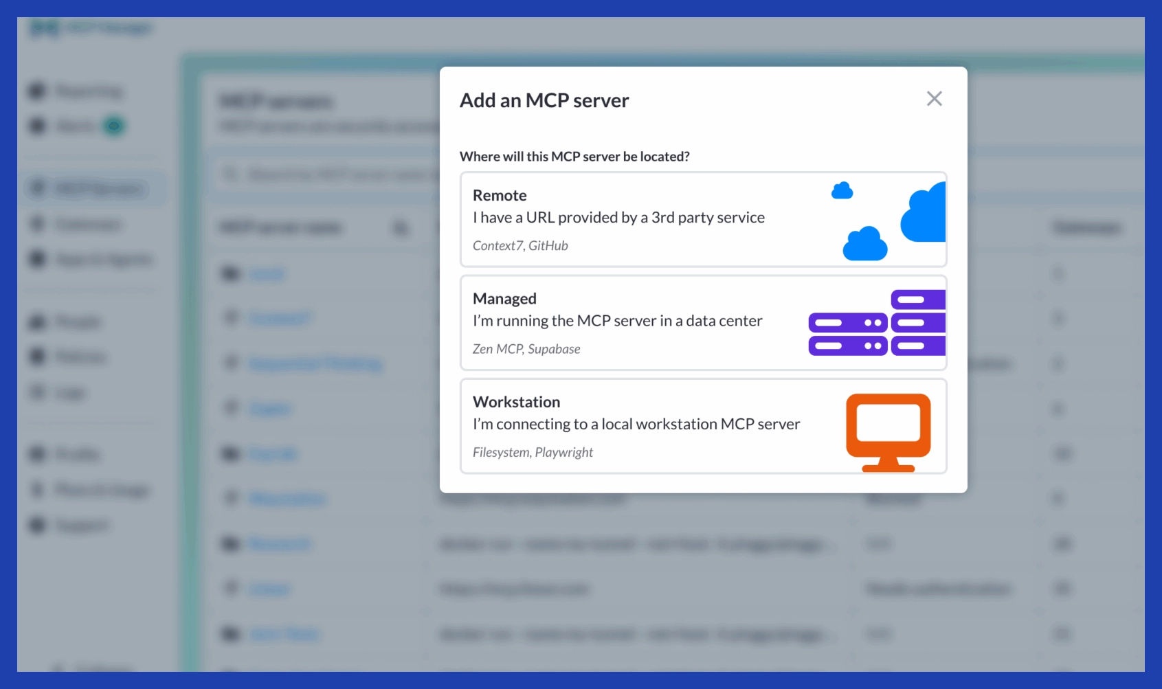 connecting all 3 mcp deployment types in mcp manager