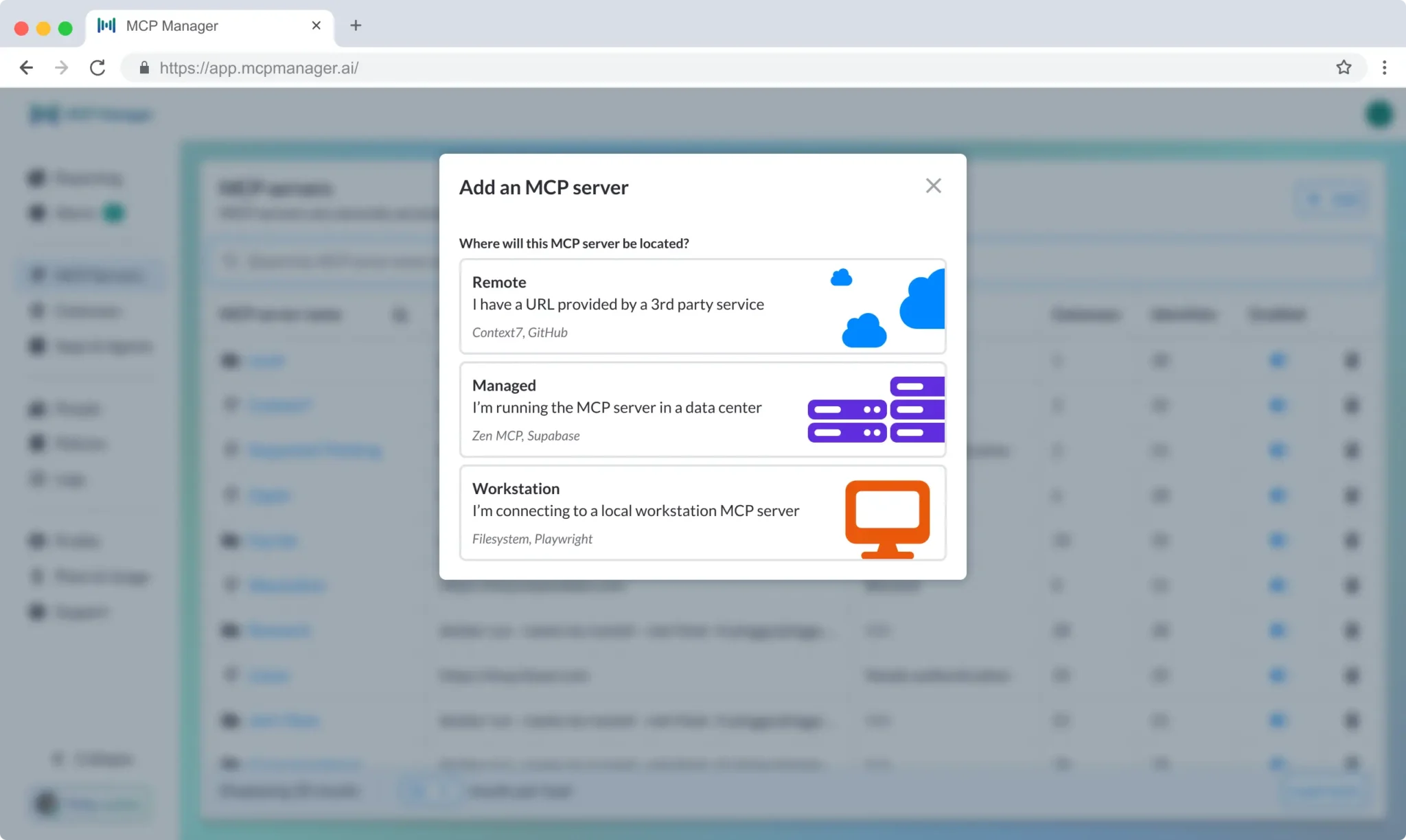 Different MCP server deployment options within MCP Manager, an MCP gateway and MCP management platform.