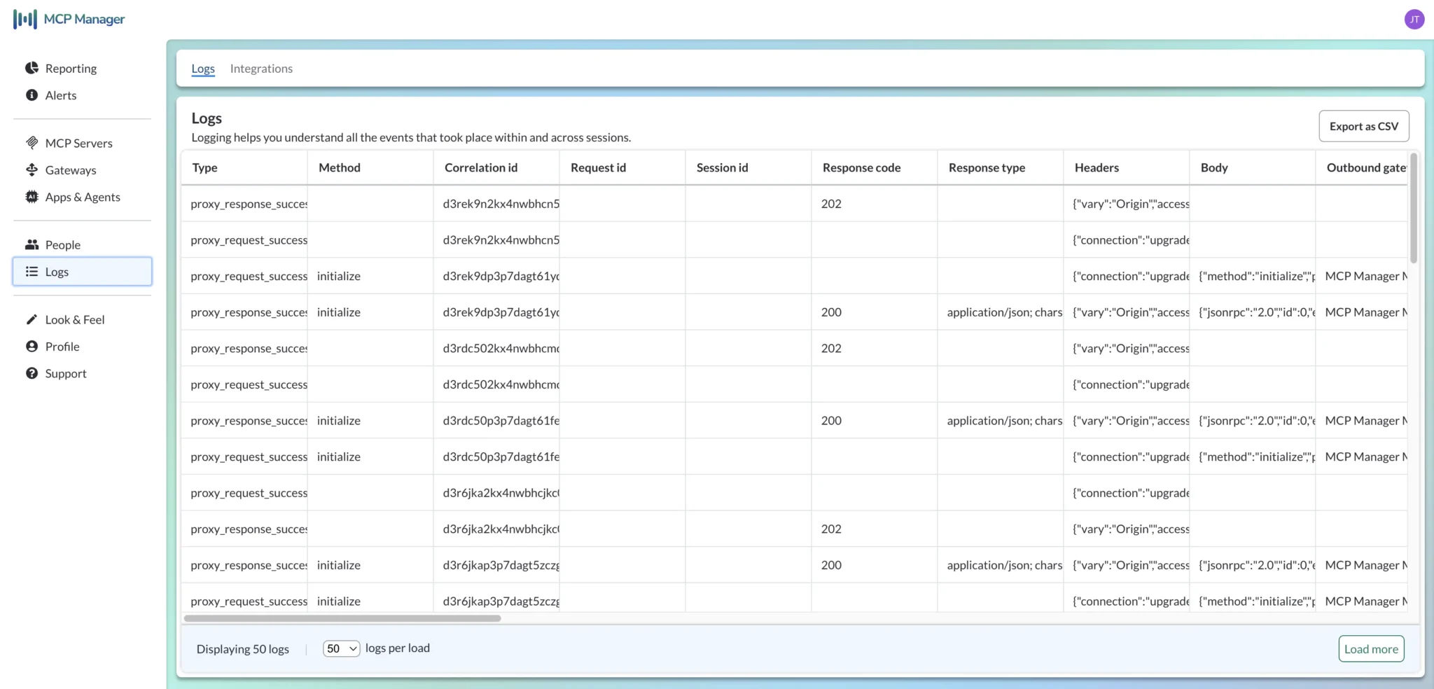 MCP logs within MCP Manager's built in logging module.