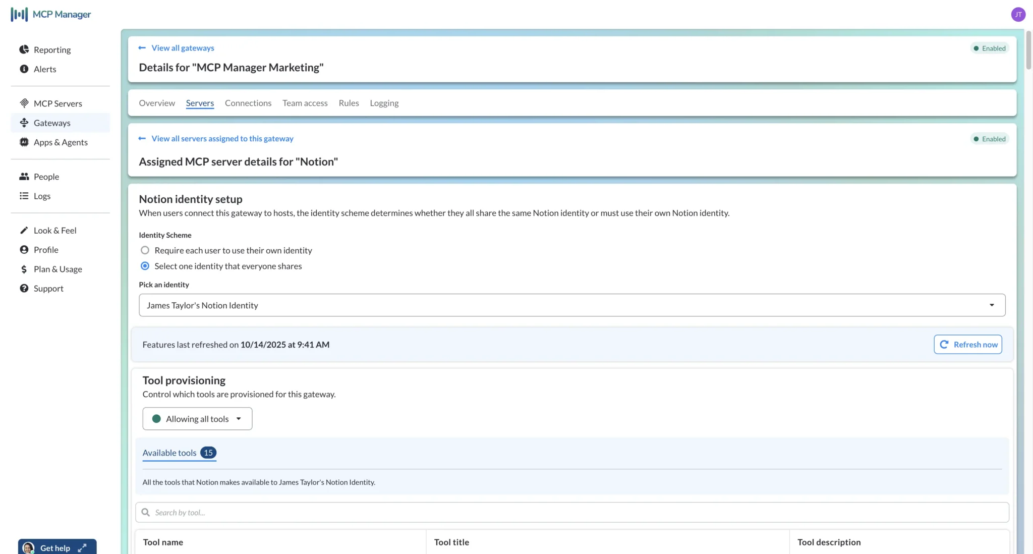 The MCP server and tool selection tool within an MCP gateway in MCP Manager. In this case a Notion server is configured and all tools are allowed.