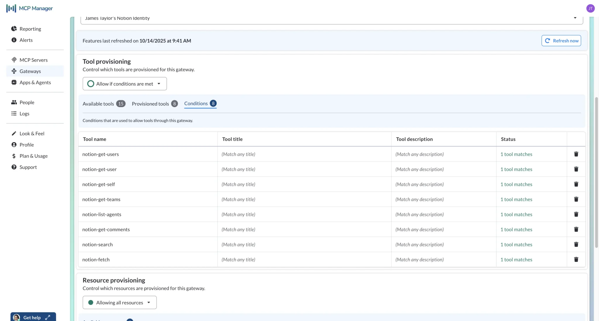The MCP server and tool selection tool within an MCP gateway in MCP Manager. In this case a Notion server is configured with only read/get/search tools allowed.