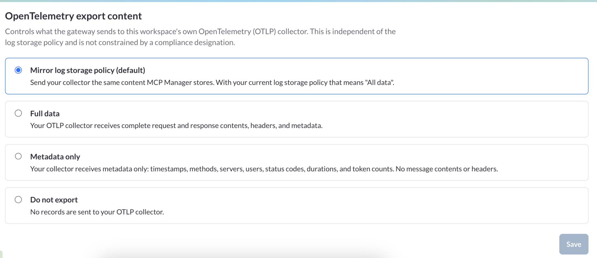 otel export settings in mcp manager