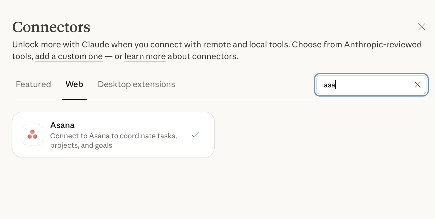 asana connection claude library