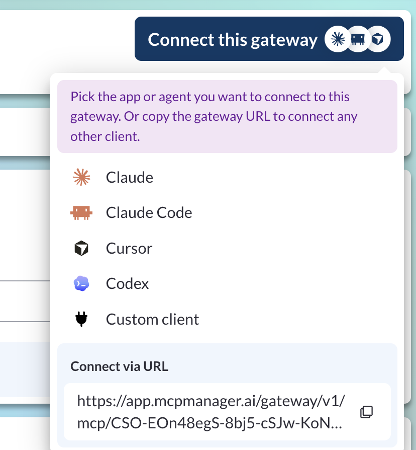 connect this gateway button in mcp manager connects to claude, cursor, and more