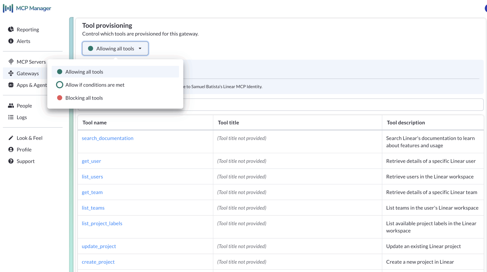 mcp manager's tool provisioning feature for mcp servers